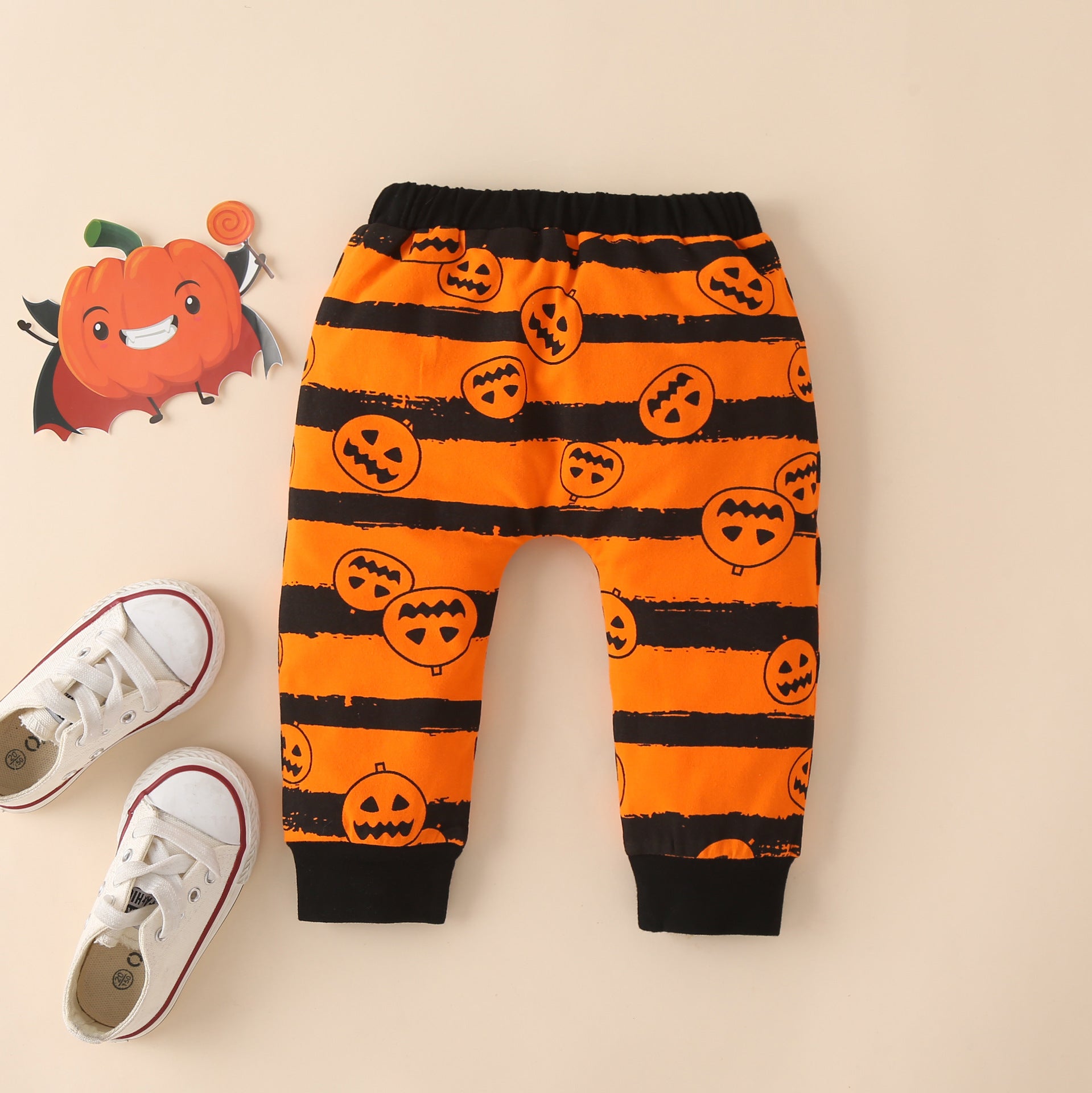 Children's Halloween Pumpkin Print Long-Sleeved Romper Three-Piece Set - Bump2Crib