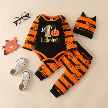 Children's Halloween Pumpkin Print Long-Sleeved Romper Three-Piece Set - Bump2Crib