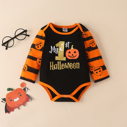 Children's Halloween Pumpkin Print Long-Sleeved Romper Three-Piece Set - Bump2Crib