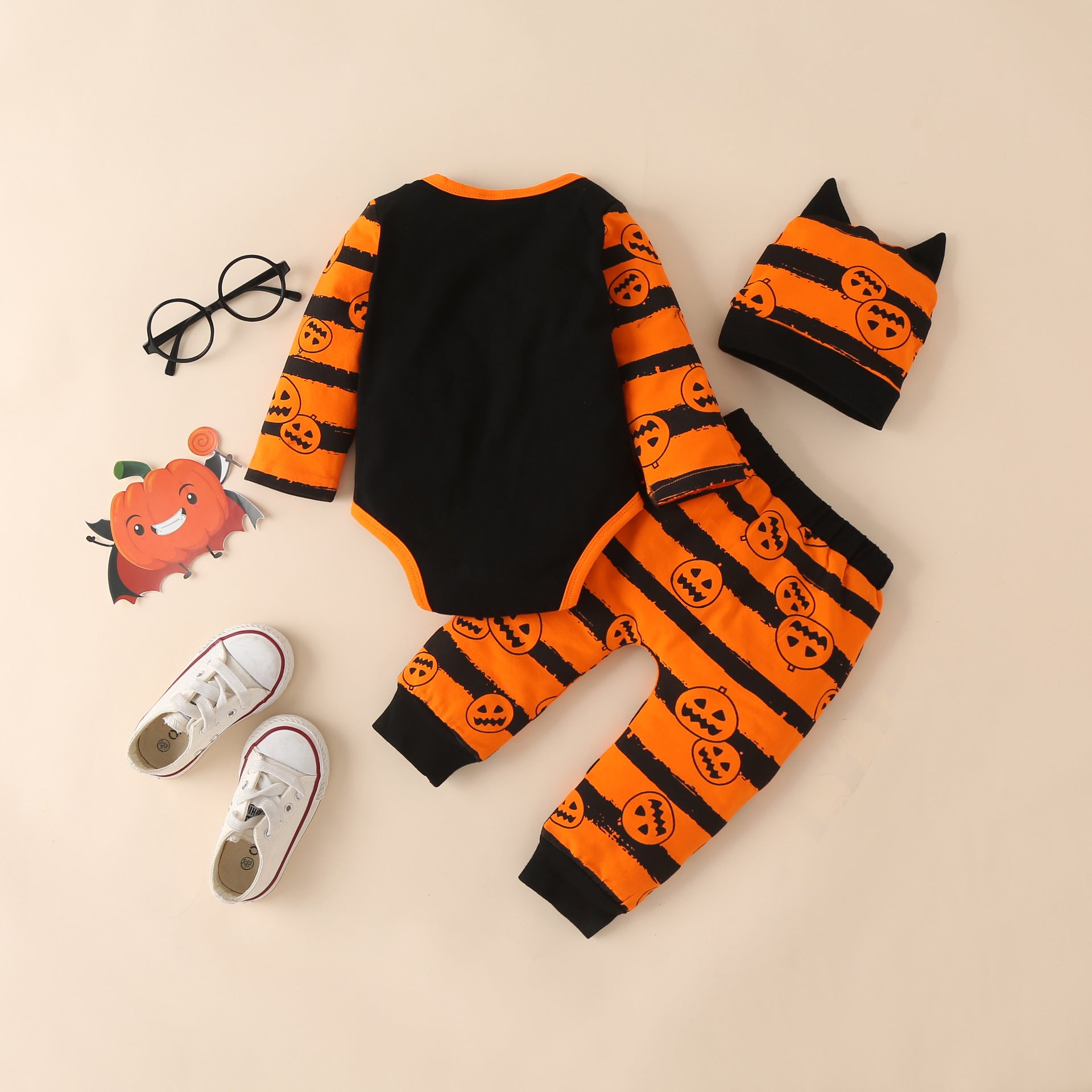 Children's Halloween Pumpkin Print Long-Sleeved Romper Three-Piece Set - Bump2Crib